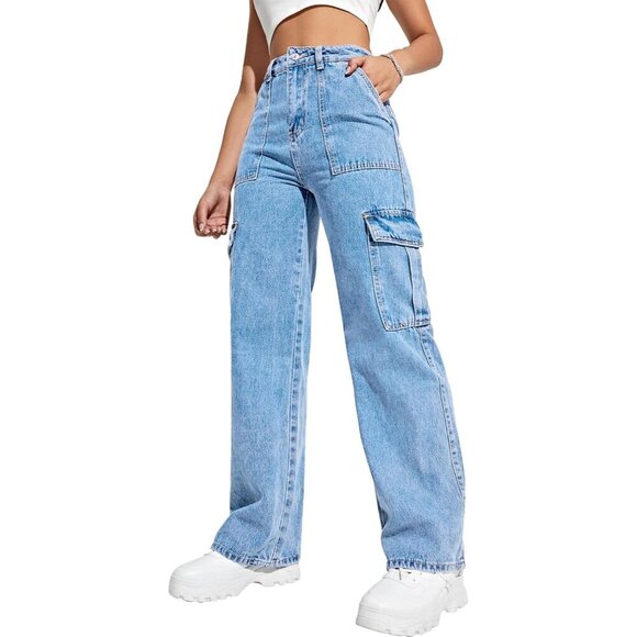 Denim - Fashionable Light Blue Cargo Trousers for Women – High Waisted, 6 Pockets, Large